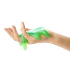 Woman playing with green slime isolated on white, closeup. Antis